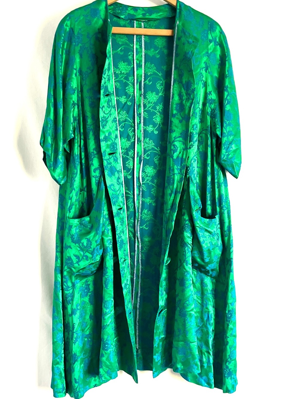VTG 50s Silk Jacquard Hostess Dress /
Duster Green Blue Pockets Balenciaga Look